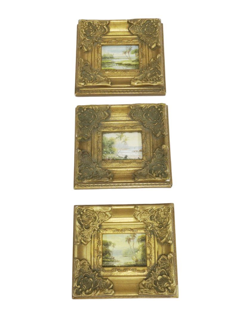 Lot 164: 3 VINTAGE MINIATURE OIL ON BOARD IN ORNATE GILT FRAME