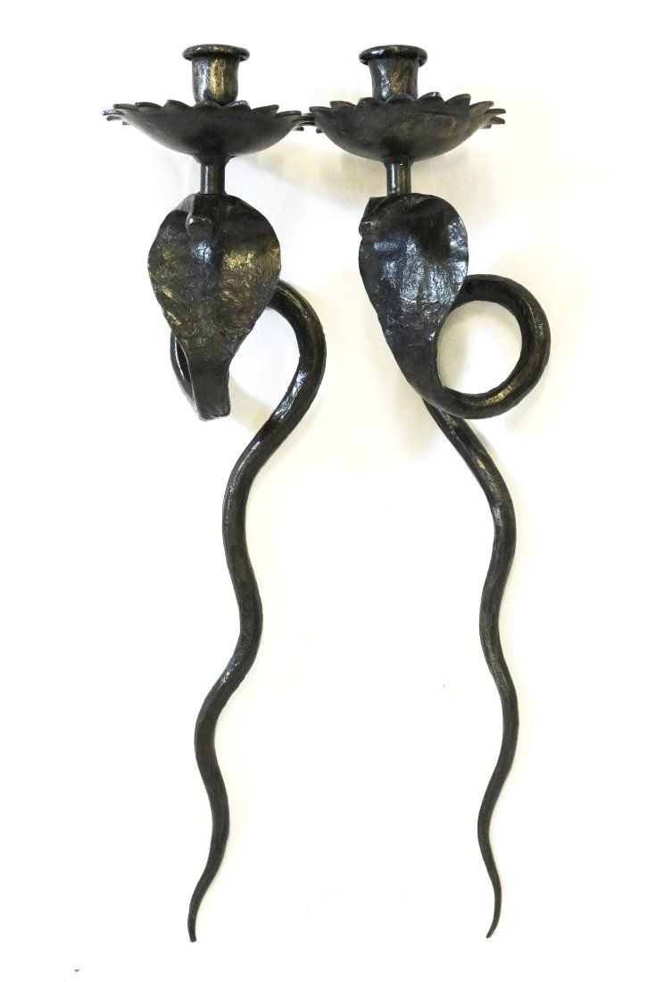 Lot 173: HAND FORGED IRON COBRA SCONCES