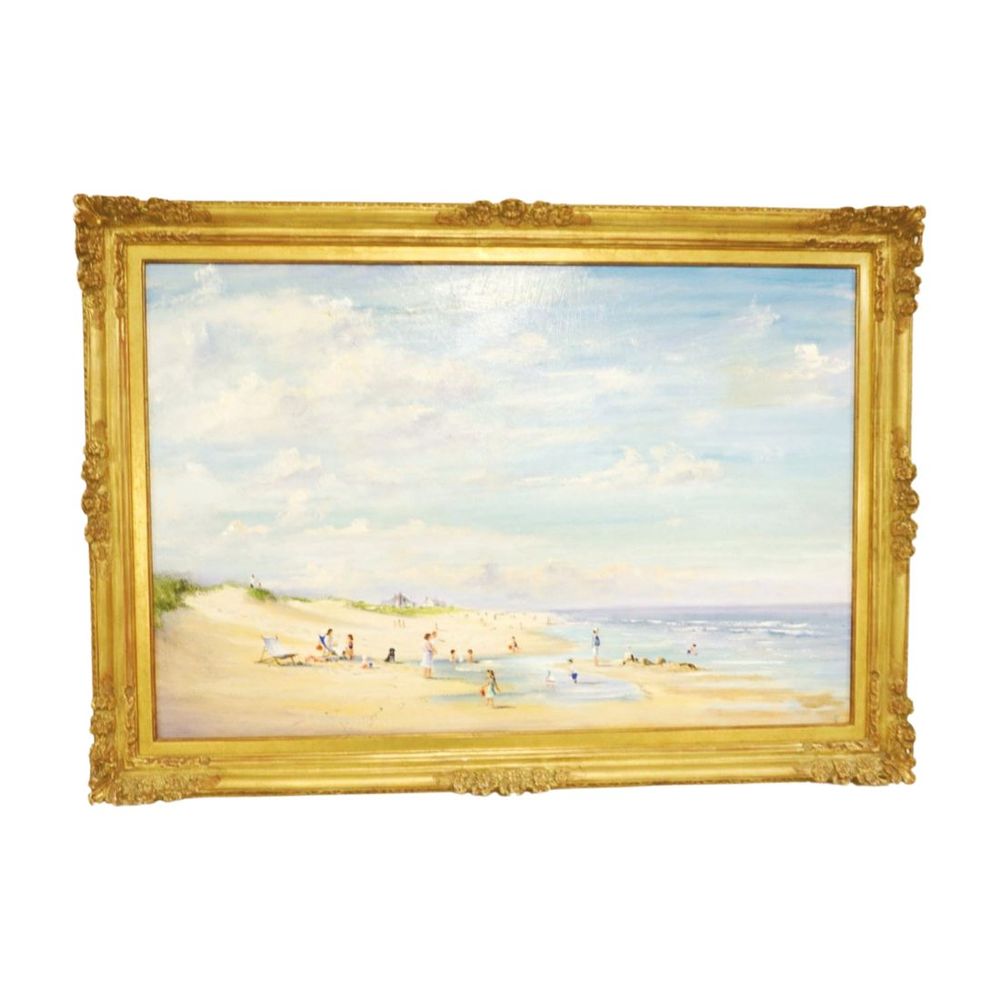 Lot 180: LARGE COASTAL BEACH SCENE OIL ON CANVAS