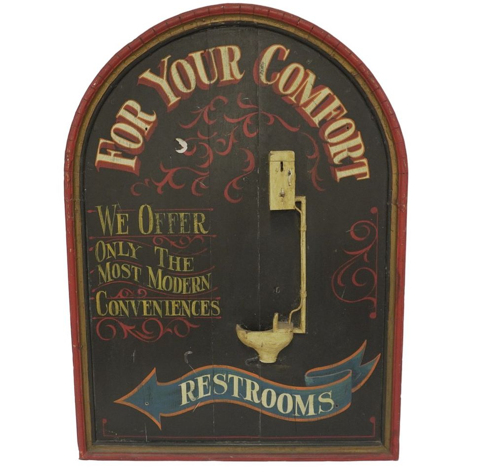 Lot 186: FOR YOUR COMFORT RESTROOMS DIRECTIONAL SIGN
