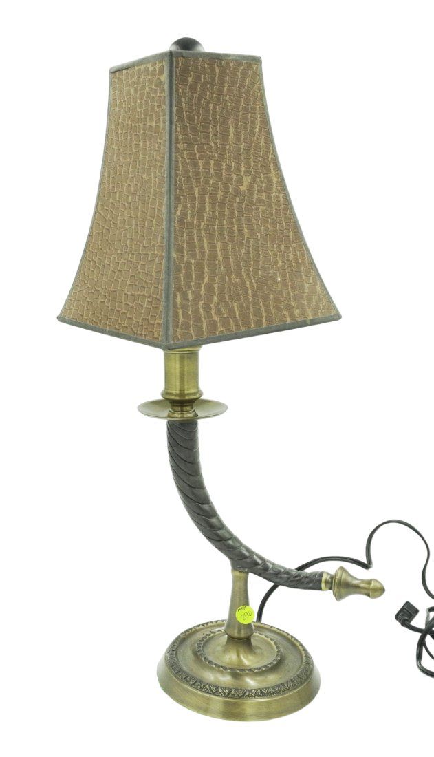 Lot 206: BRONZE & BRASS HORN TABLE LAMP
