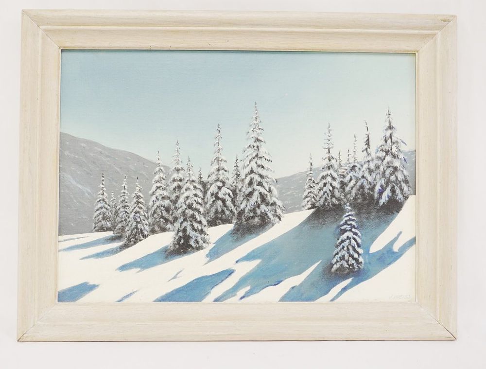 Lot 209: VINTAGE OIL ON ARTIST BOARD FIR TREES IN SNOW