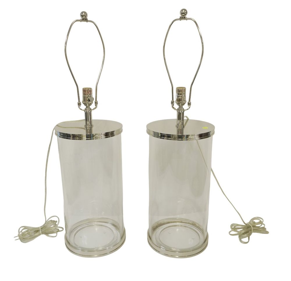 Lot 217: PAIR OF FILLABLE GLASS & CHROME LAMPS