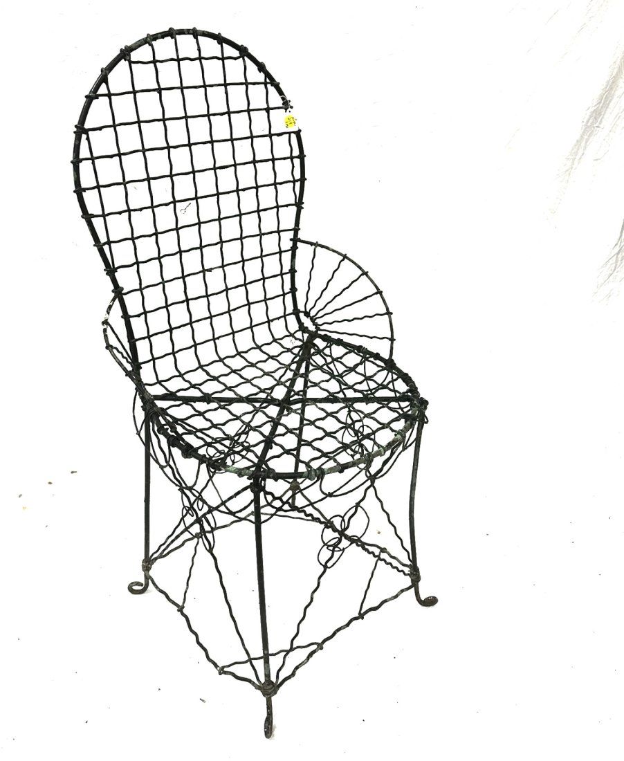 Lot 219: FRENCH WIRE GARDEN CHAIR & HANGING BASKET