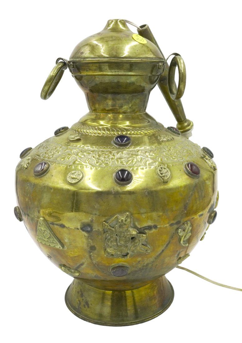 Lot 221: VINTAGE BRASS SWIVEL URN WITH POLISHED STONES LAMP