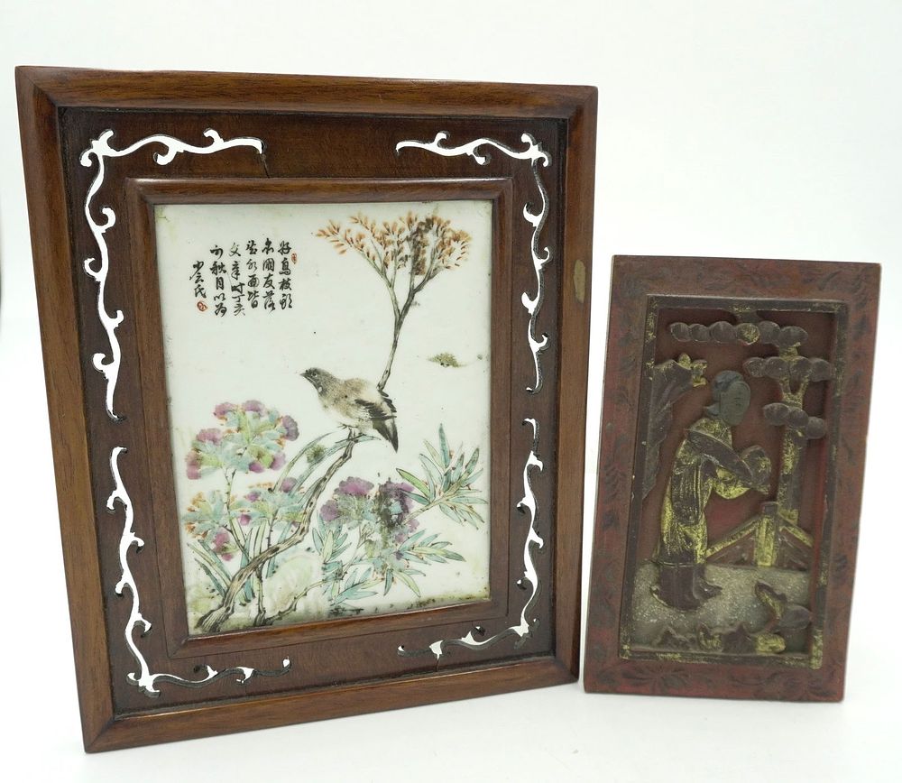 Lot 228: CHINESE QIAN JIAN PORCELAIN PLAQUE AND WOOD CARVED PANEL