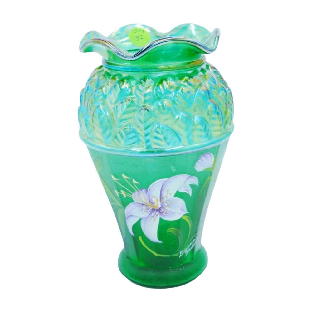 Lot 32: FENTON ART GLASS GREEN IRIDESCENT LILIES VASE