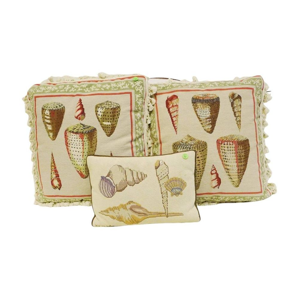 Lot 36: 3 PETIT POINT SHELL THEMED PILLOWS