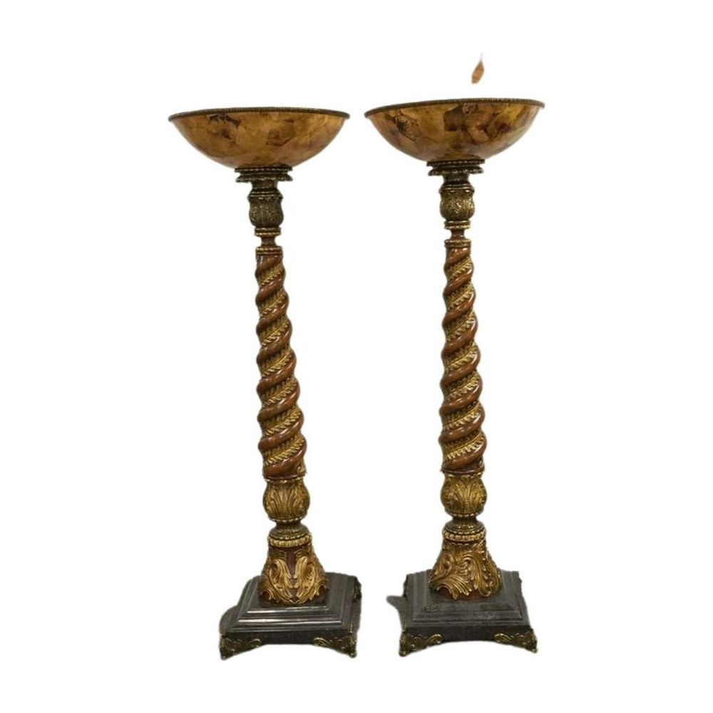 Lot 108: PAIR OF WOOD AND MARBLE DESIGN TORCHIERE FLOOR LAMPS