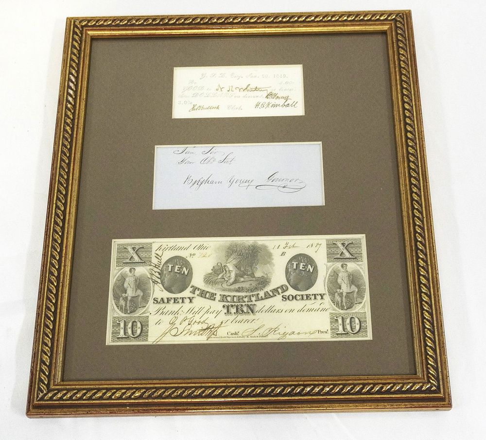 Lot 128: JOSEPH SMITH BANKNOTE SIGNED, BRIGHAM YOUNG CURRENCY NOTE SIGNED