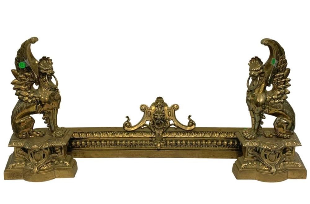 Lot 157: ANTIQUE FRENCH BRASS WINGED GRIFFINS CHENETS & FENDER