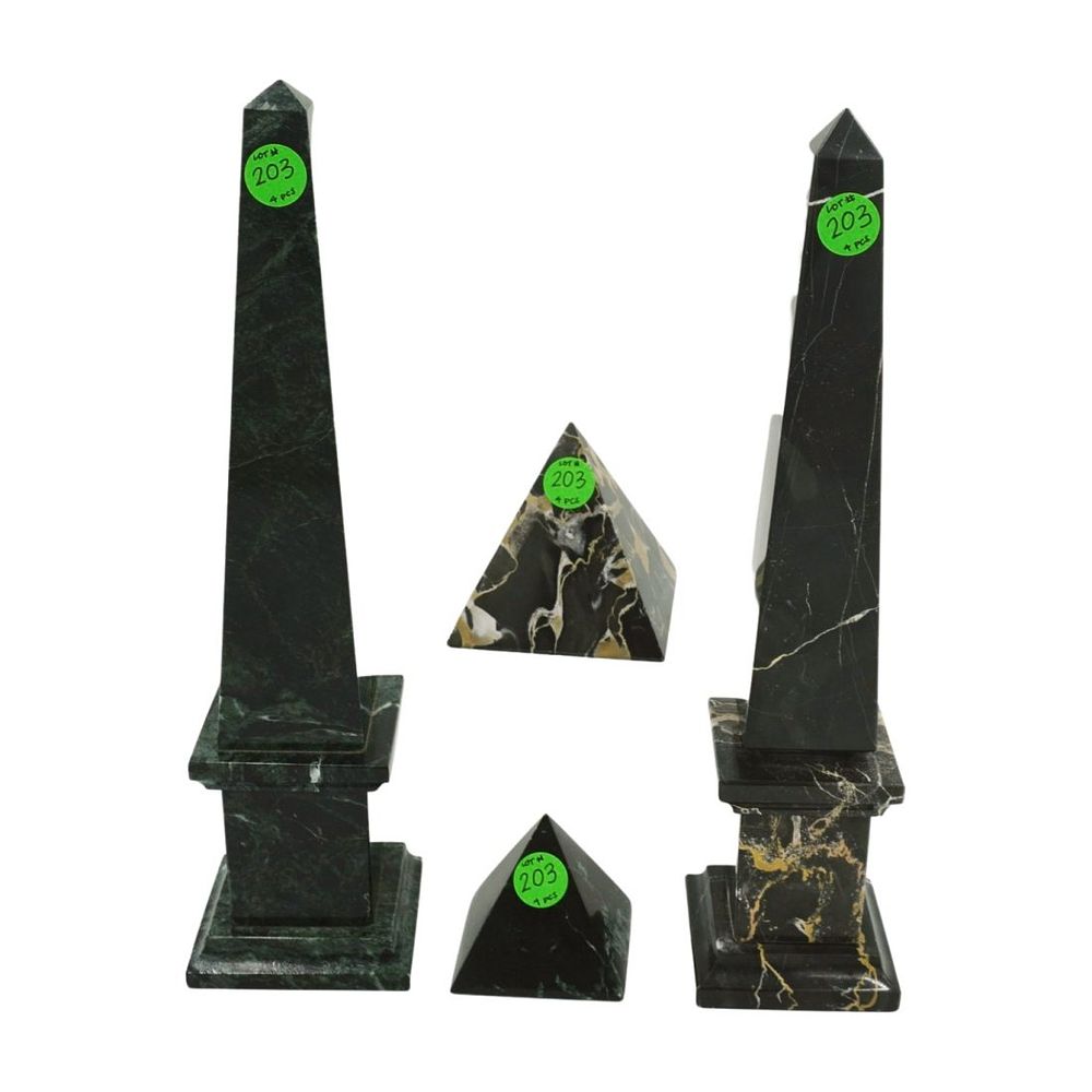 Lot 203: SET OF VINTAGE SOLID MARBLE OBELISKS AND MATCHING PYRAMIDS