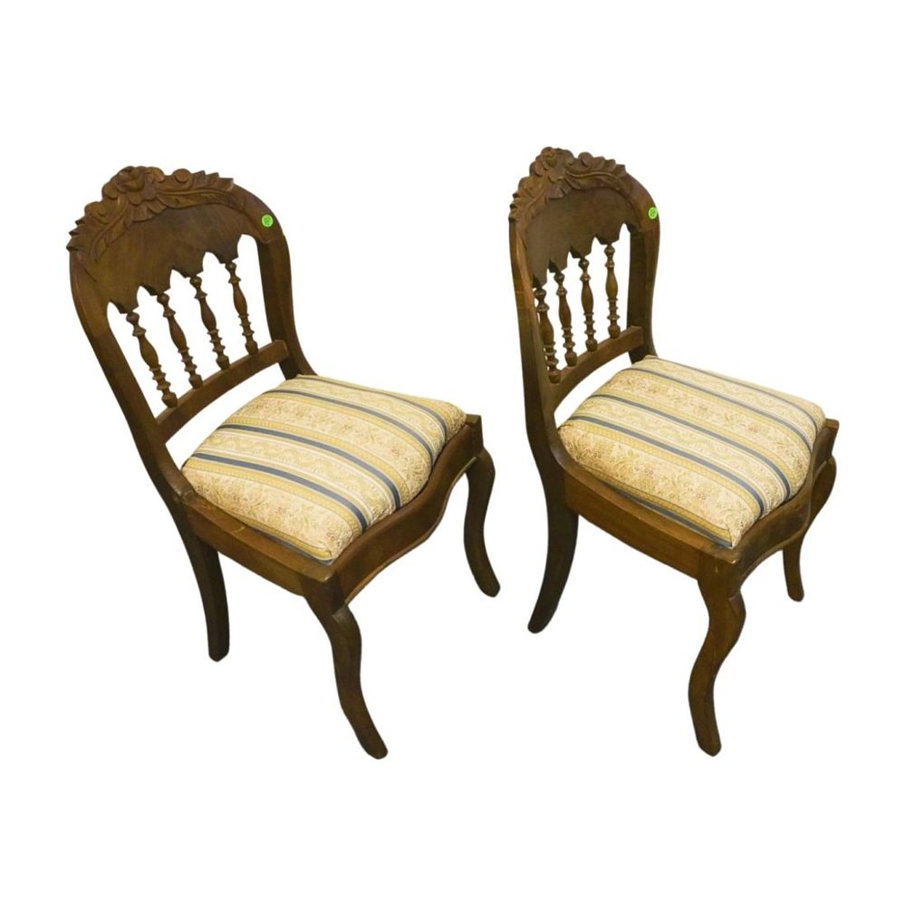 Lot 237: PAIR ANTIQUE MAHOGANY CARVED SPINDLE BACK CHAIRS