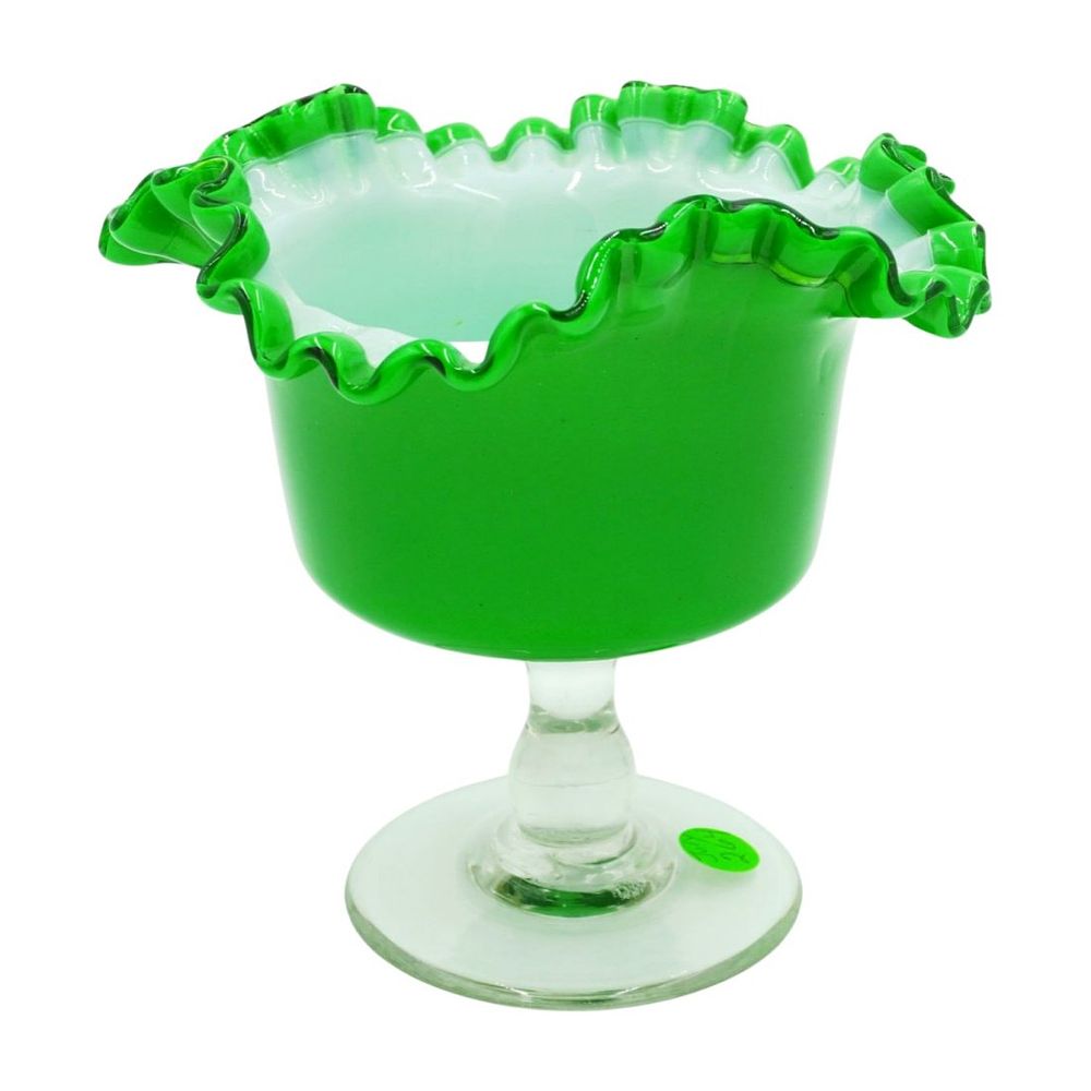 Lot 264: VINTAGE GREEN & WHITE BLOWN CASED GLASS FOOTED BOWL