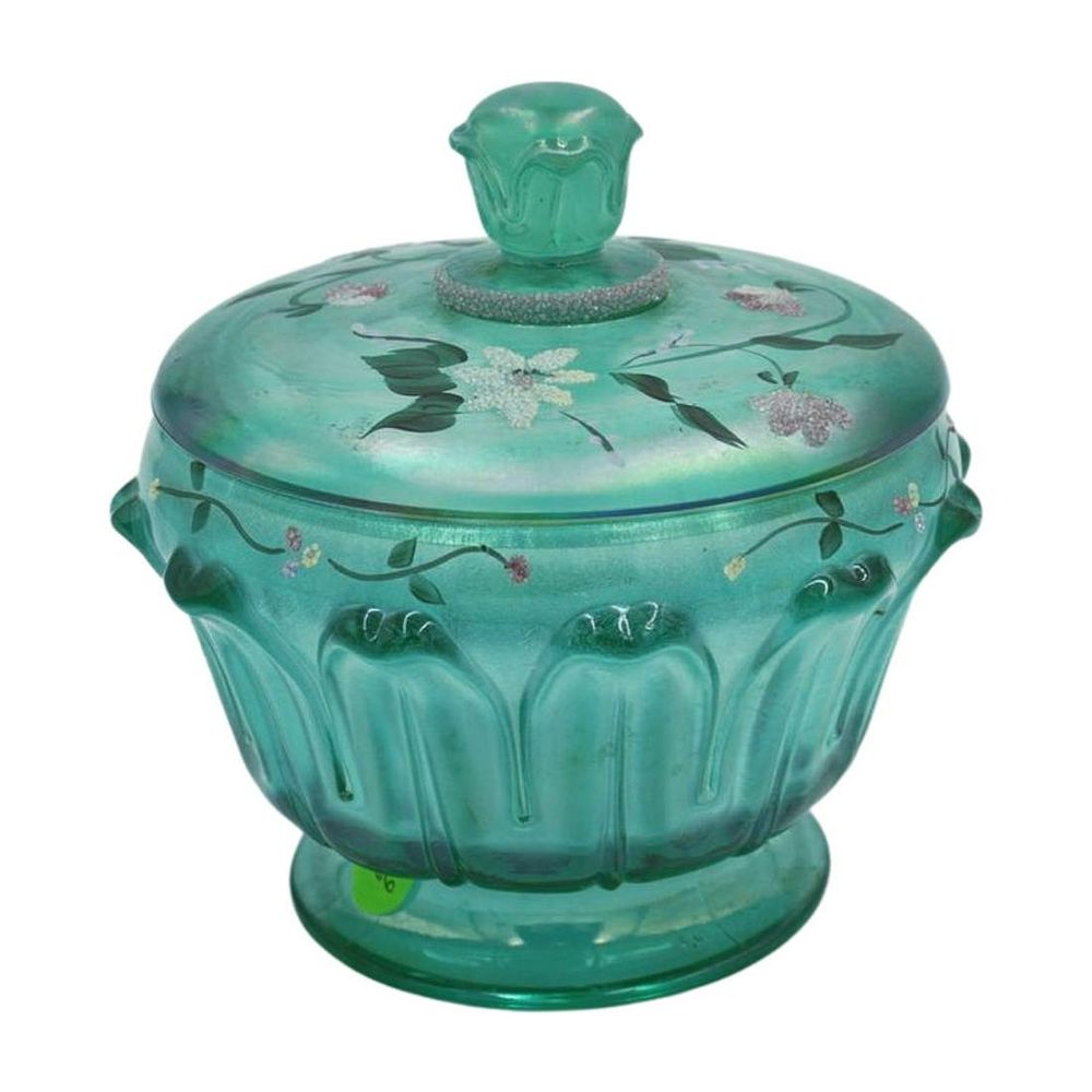 Lot 286: FENTON HAND PAINTED IRIDESCENT SPRUCE GREEN CANDY BOWL