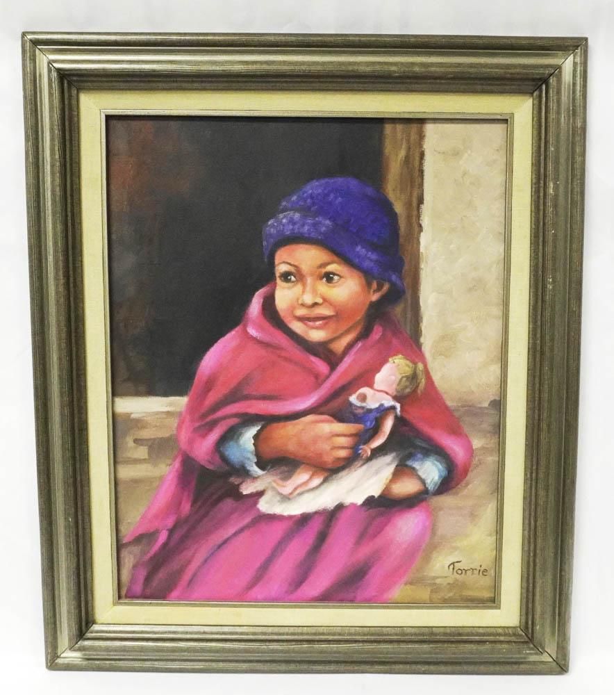 Lot 289: VINTAGE ORIGINAL PAINTING CHILD WITH DOLL