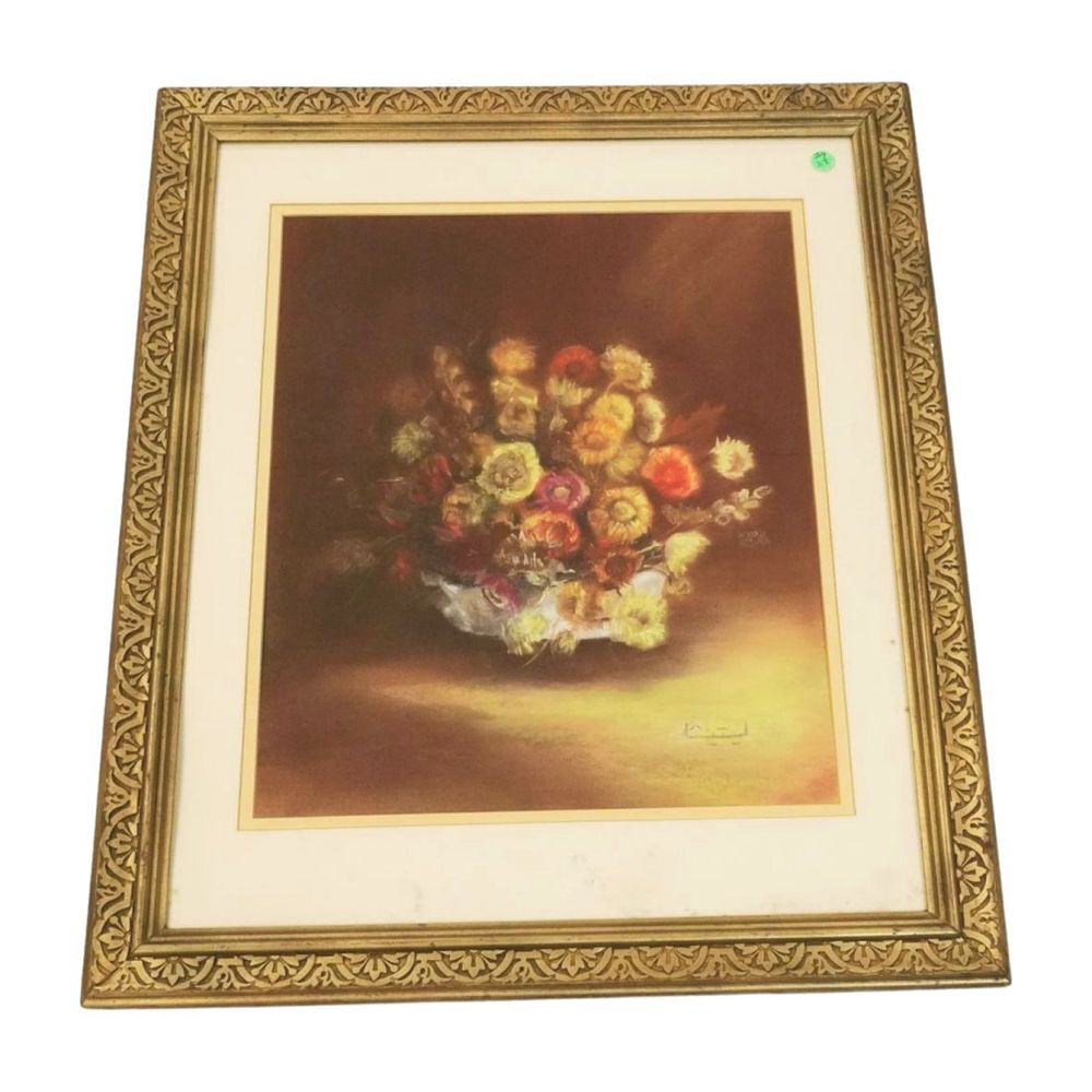 Lot 318: VINTAGE GILT WOOD FRAMED STILL LIFE PASTEL PRINT