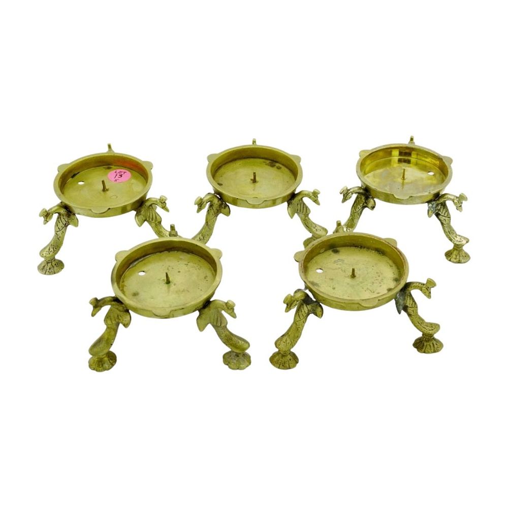 Lot 13: 5 VINTAGE BRASS PEACOCK CANDLESTICKS
