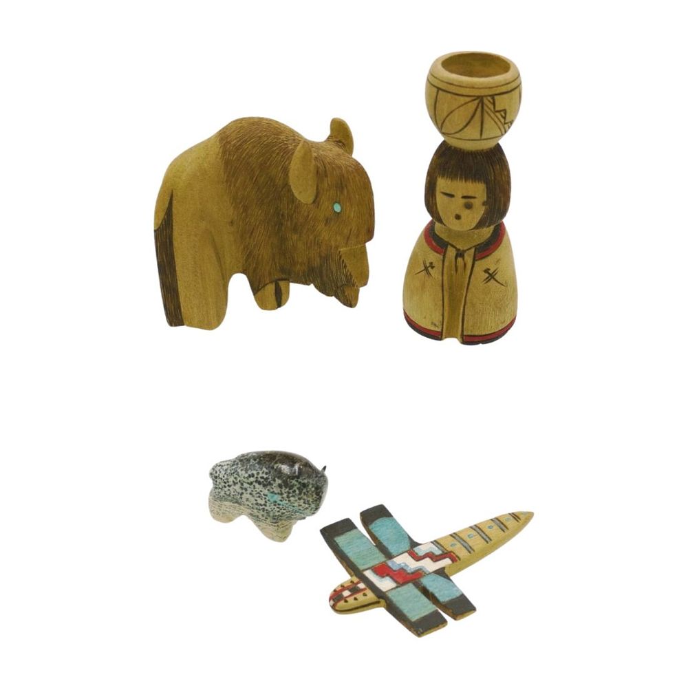 Lot 26: 4 NATIVE AMERICAN ZUNI CARVED BUFFALO - DRAGONFLY - DOLL