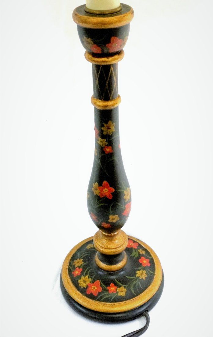 Lot 32: VINTAGE HAND PAINTED WOOD CANDLESTICK LAMP