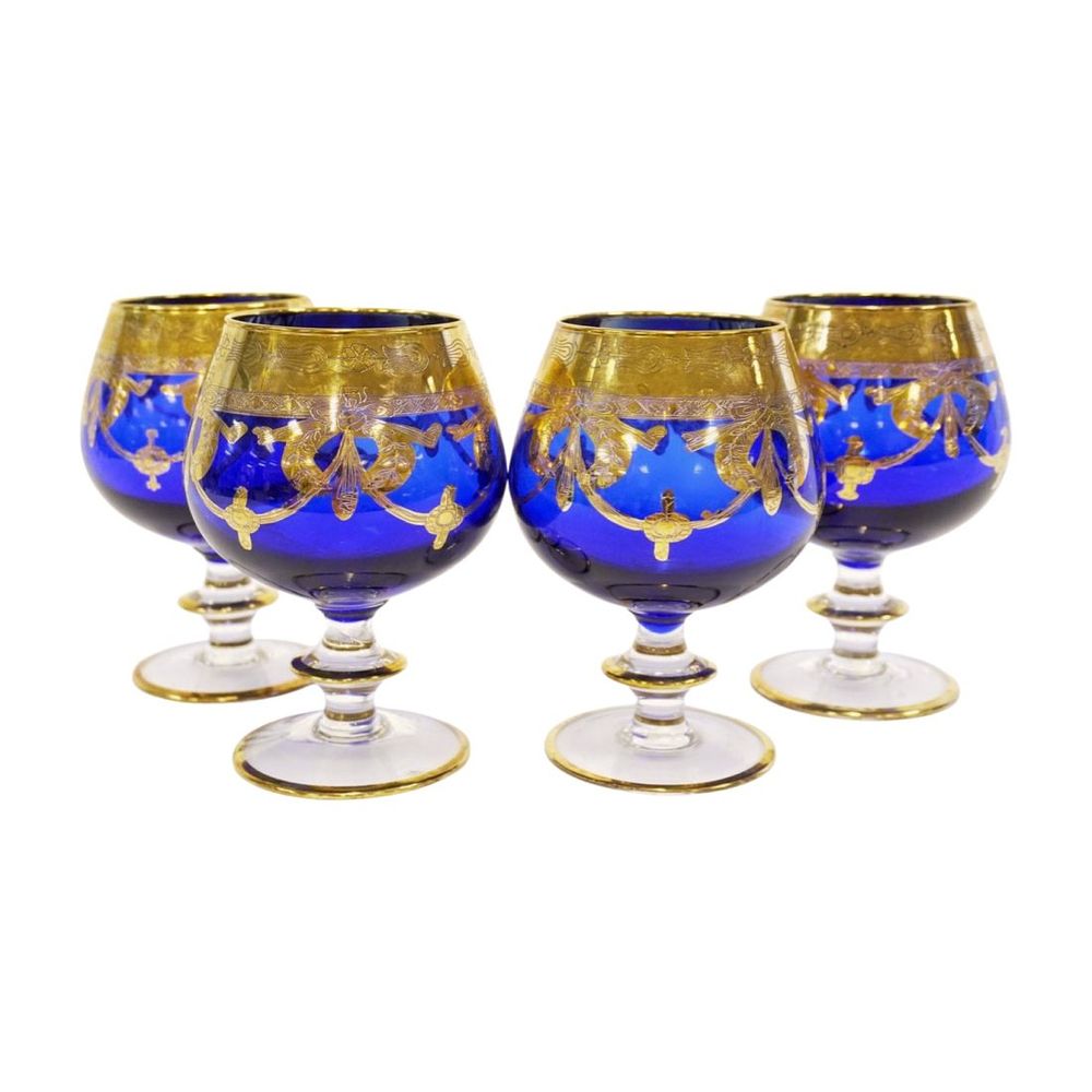 Lot 37: 4 ARTE ITALICA GOLD & COBALT BRANDY GLASSES