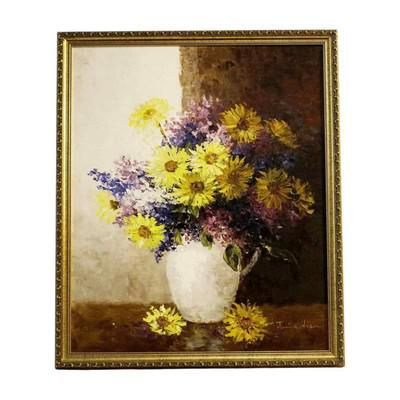 Lot 53: JAMIE LISA STILL LIFE DAISIES & LILACS OIL PAINTING