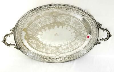 Lot 199: LARGE ANTIQUE ENGLISH SILVERPLATE ARMORIAL HANDLED TRAY
