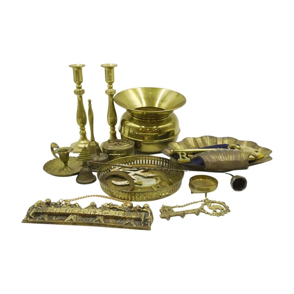 Lot 319: LARGE DEALER LOT BRASS SPITTOON - CANDLESTICKS + MORE
