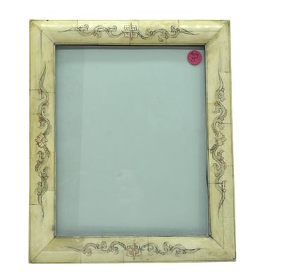SCRIMSHAW BONE PICTURE FRAME. Vintage Scrimshaw Bone Picture Frame. Black Lacquer Back. Measures 