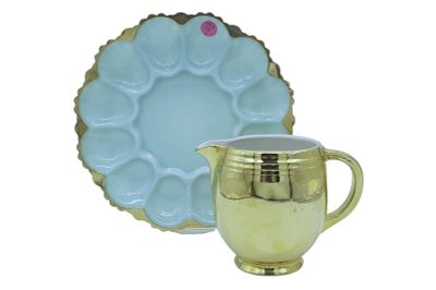 2 pc FIRE KING DELPHITE BLUE MILK GLASS DEVILED EGG PLATE & HALL PITCHER. Anchor Hocking Fire 