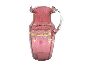 VICTORIAN RUBY GILT GLASS PITCHER. Victorian ruby gilt glass pitcher featuring hand painted 