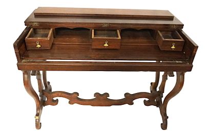 ANTIQUE WALNUT DESK / SEWING. Antique Walnut Lift top Desk or Sewing Stand. Wear to top. 