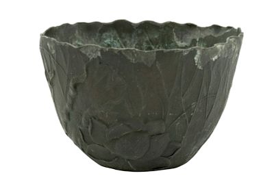 JAPANESE BRONZE BIRD & INSECT & LOTUS BOWL. Antique 19th c Japanese Bronze Bowl with Bird 