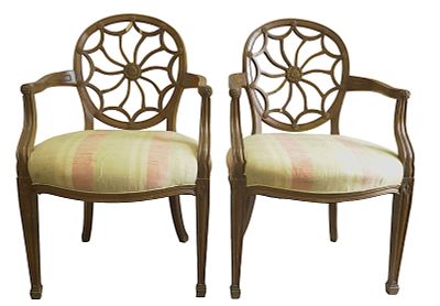 2 REGENCY STYLE SPIDER BACK CHAIRS. 2 Regency Style Spider Back Chairs with Extra Bolt of Fabric 