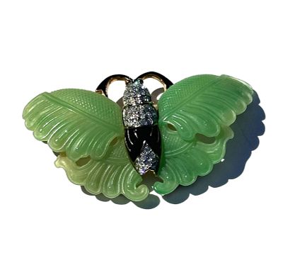 KENNETH J LANE JADE BUTTERFLY BROOCH. Fabulous Kenneth J. Lane Faux Jade, Black Enamel and 