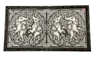 VINTAGE SRI LANKA DOUBLE ELEPHANTS FABRIC FRAMED. Vintage Sri Lanka Double Elephants Print on 