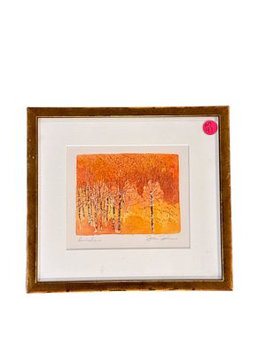JOAN JOHNS ETCHING BIRCHES. Framed etching on paper, "Birches " signed lower right in pencil 