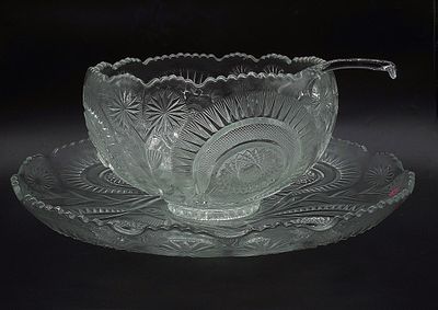 LARGE PINWHEEL & STARS PUNCH BOWL SET. Vintage 1940-50s LE Smith Pinwheel And Stars Punch Bowl 