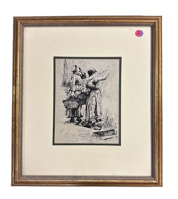 ANTIQUE PEN & INK DUTCH GLEANERS. Antique Pen and Ink of Dutch Gleaners calling. No visible 