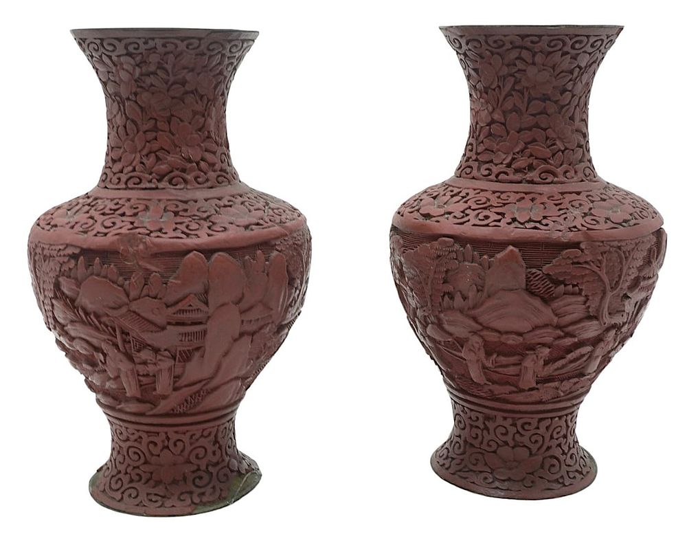 Lot 79: PAIR ANTIQUE CHINESE CARVED CINNABAR VASES