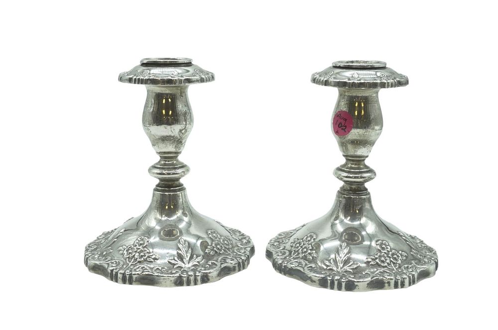 Lot 102: PAIR FISHER STERLING SILVER ENGLISH ROSE CANDLESTICKS
