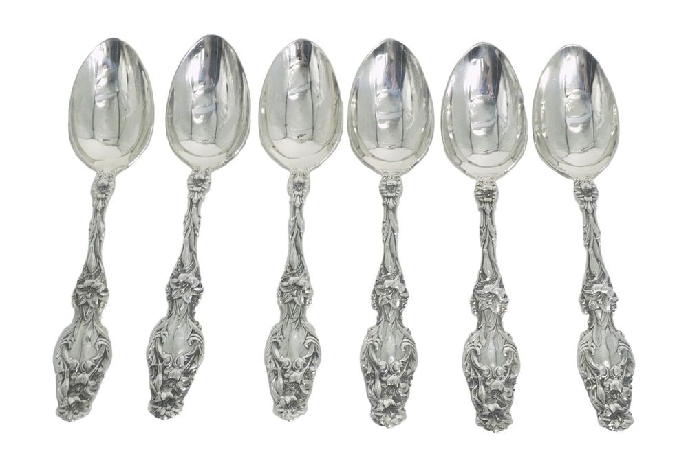 Lot 108: 6 LARGE GORHAM STERLING SILVER LILY OVAL DESSERT / SOUP SPOONS
