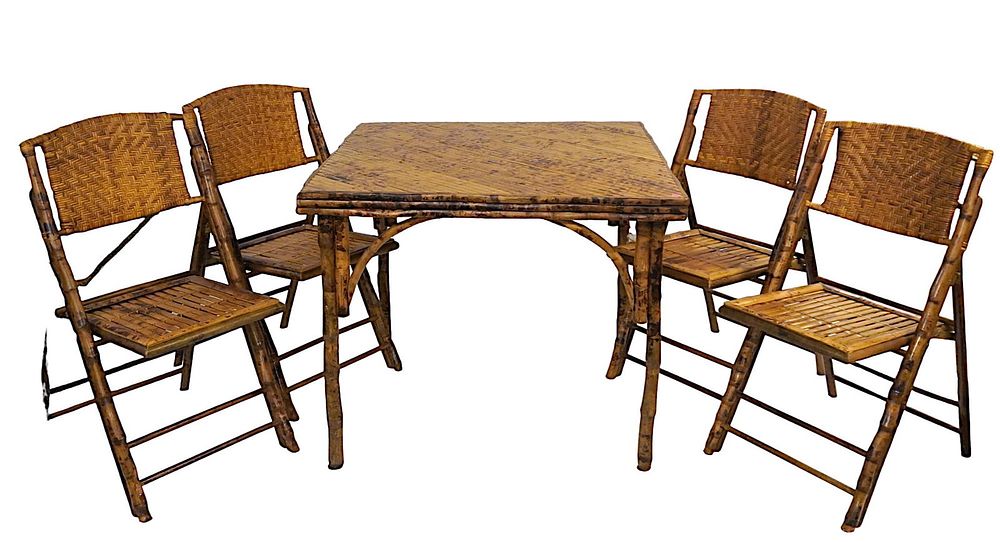 Lot 131: MID CENTURY BAMBOO TABLE W 4 FOLDING BAMBOO CHAIRS