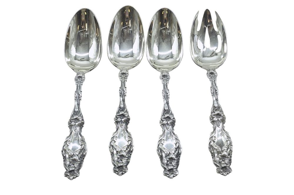 Lot 145: 4 LARGE GORHAM STERLING SILVER LILY SERVING SPOONS