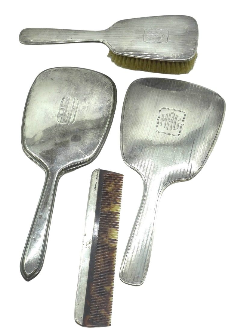 Lot 223: 4 PC STERLING VANITY MIRRORS BRUSH COMB