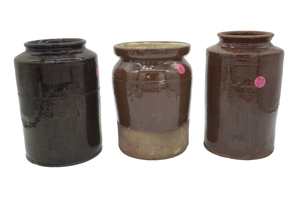 Lot 227: 3 ANTIQUE AMERICAN REDWARE JARS