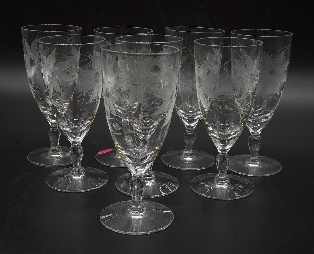 Lot 245: 8 GLASTONBURY LOTUS ETCHED CRYSTAL WATER GOBLETS