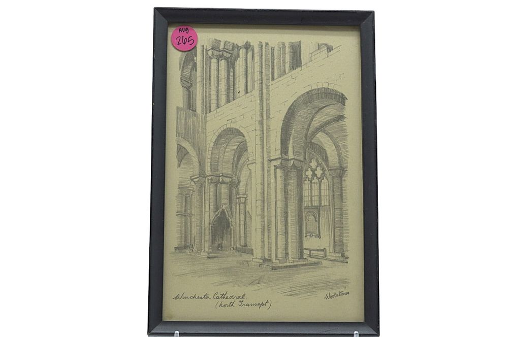 Lot 265: PENCIL SKETCH WINCHESTER CATHEDRAL SIGNED "WOOLSTONES"