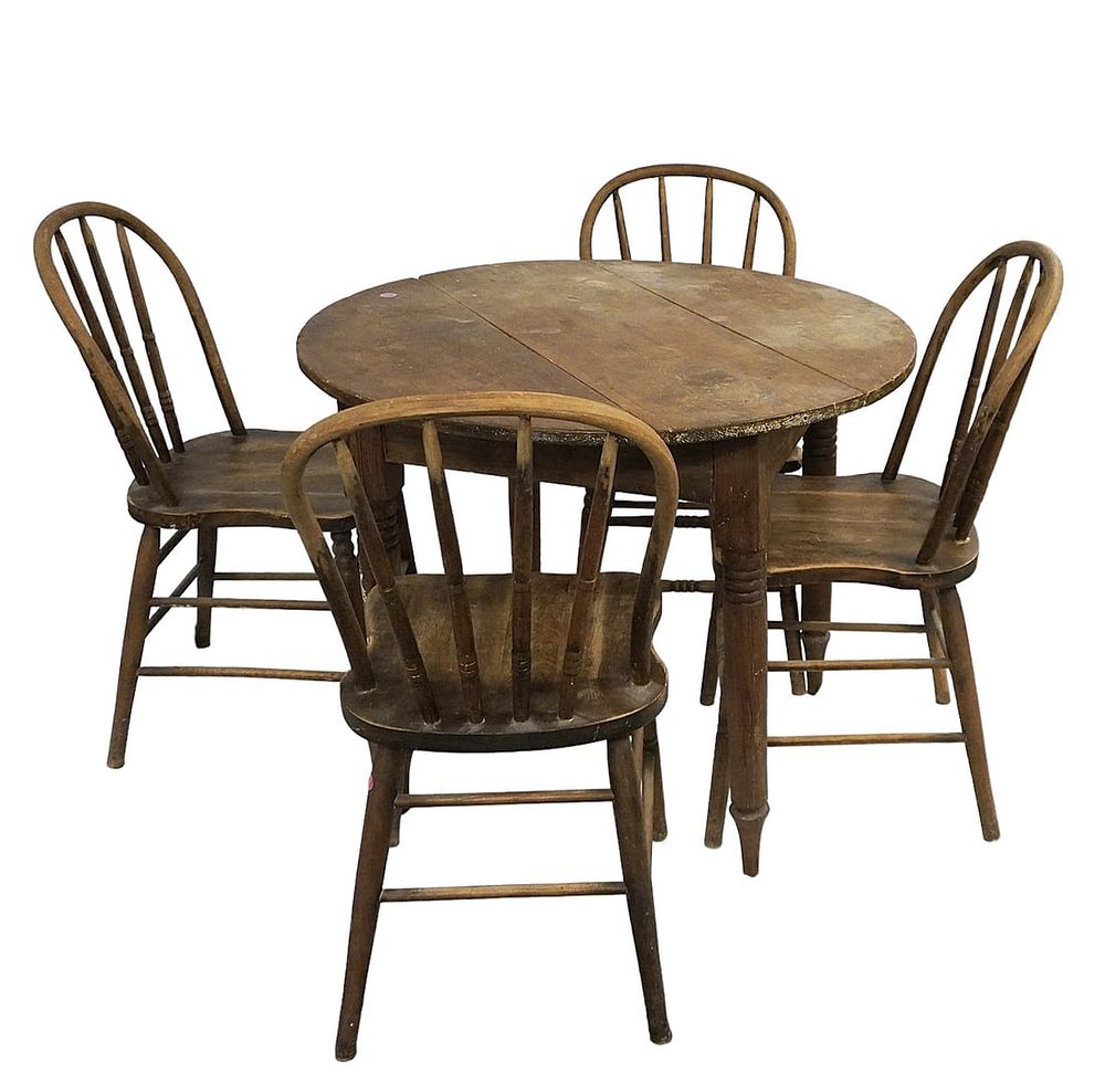 Lot 342: PRIMITIVE OAK TABLE & 4 CHAIRS