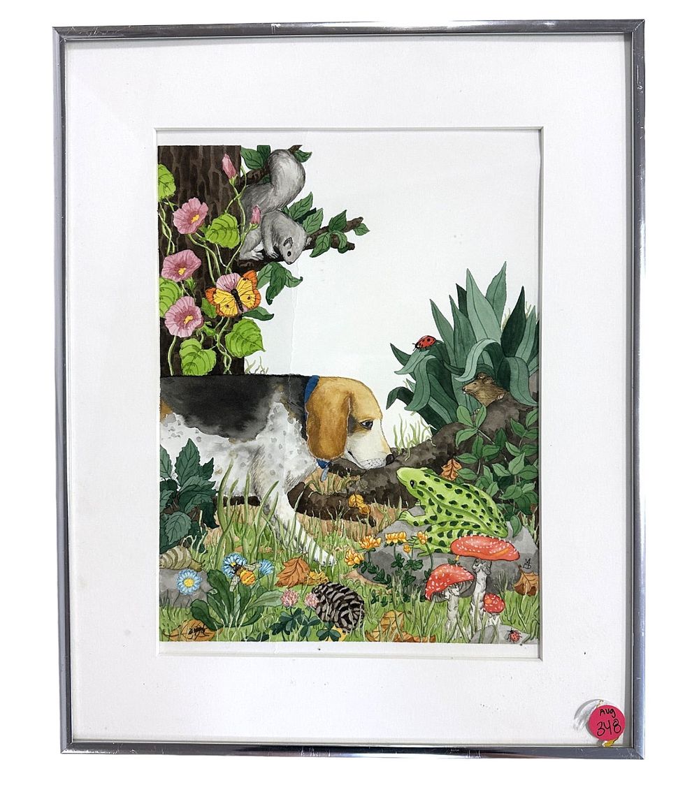 Lot 348: WHIMSICAL BEAGLE WATERCOLOR PAINTING